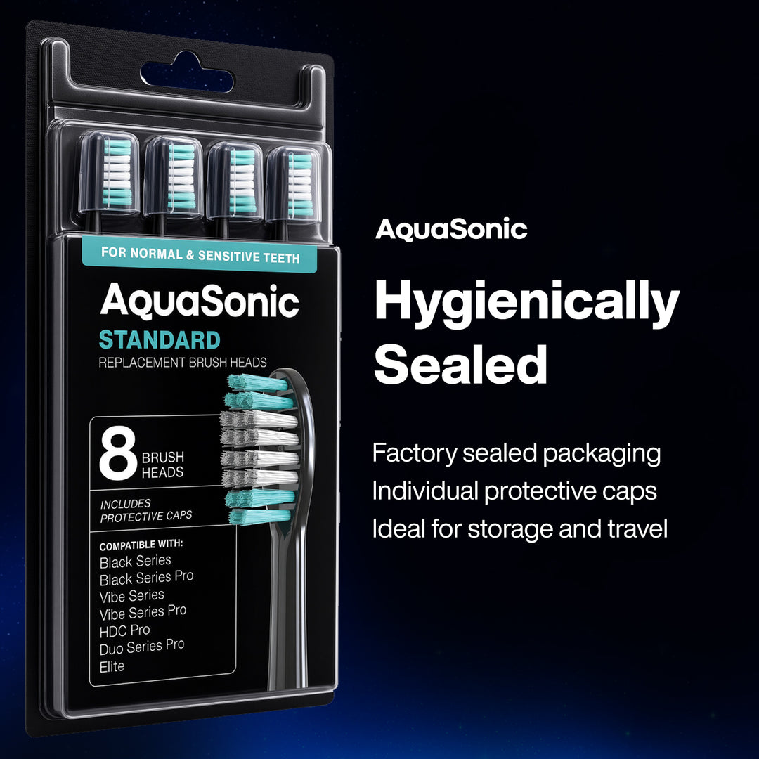 AquaSonic Standard replacement brush heads, Black 8 Pack, Sealed #color_black