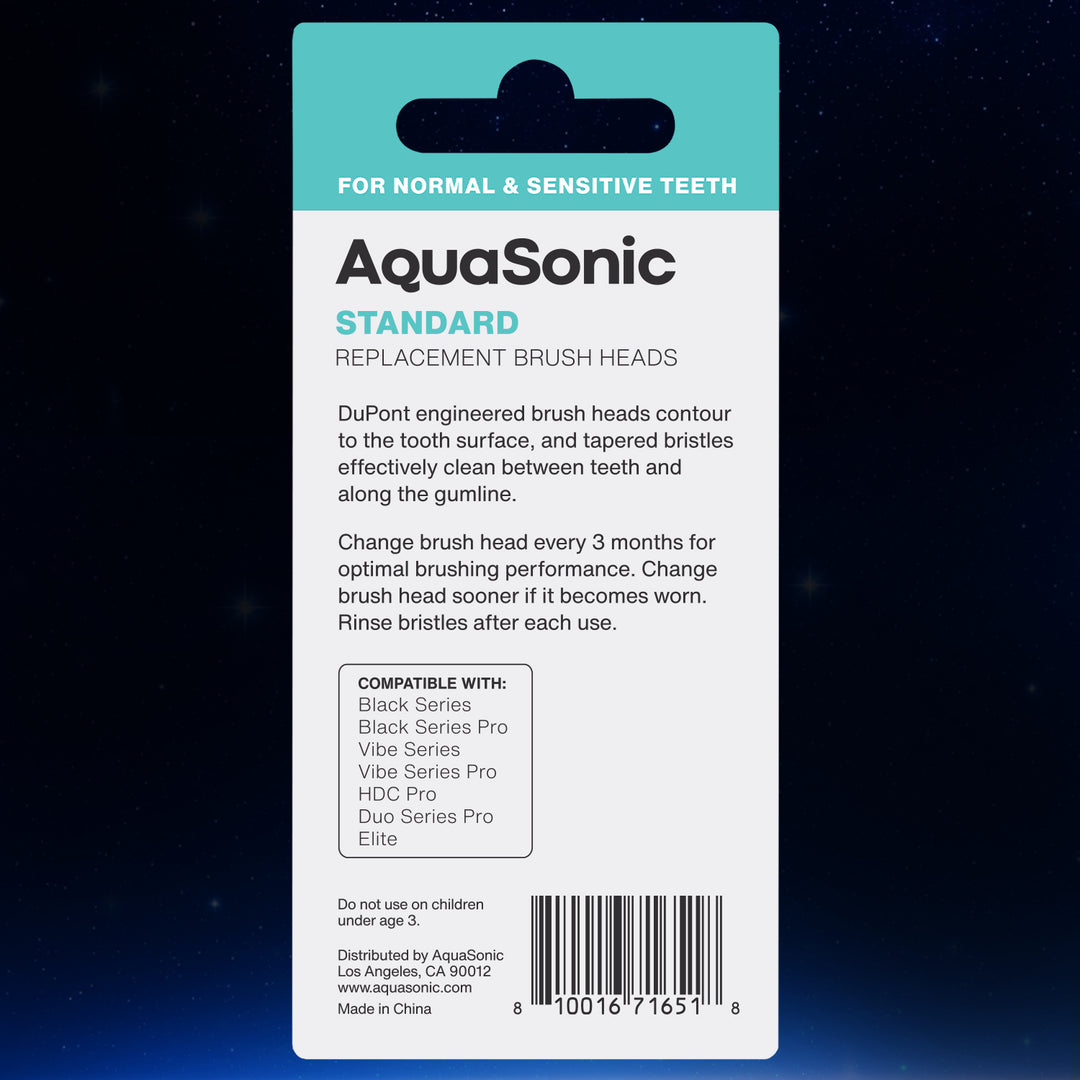 AquaSonic Standard replacement brush heads, White 2 Pack, Back of Pack #color_white