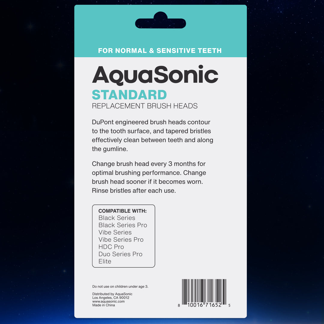 AquaSonic Standard replacement brush heads, White 8 Pack, Back of Pack #color_white