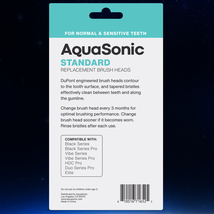 AquaSonic Standard replacement brush heads, White 8 Pack, Back of Pack #color_white