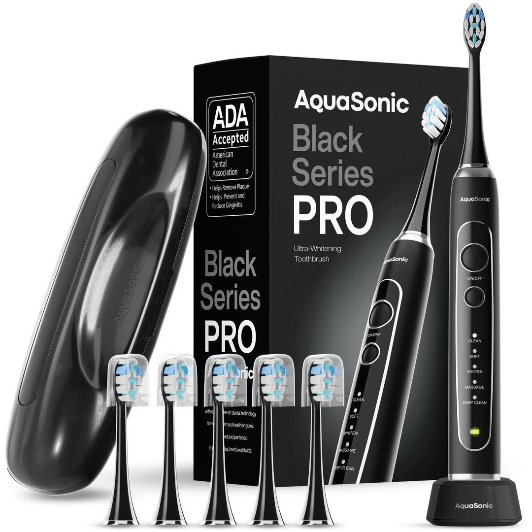 AquaSonic Black Series PRO AS-TBSH-PRO3-BK and its pictured accessories