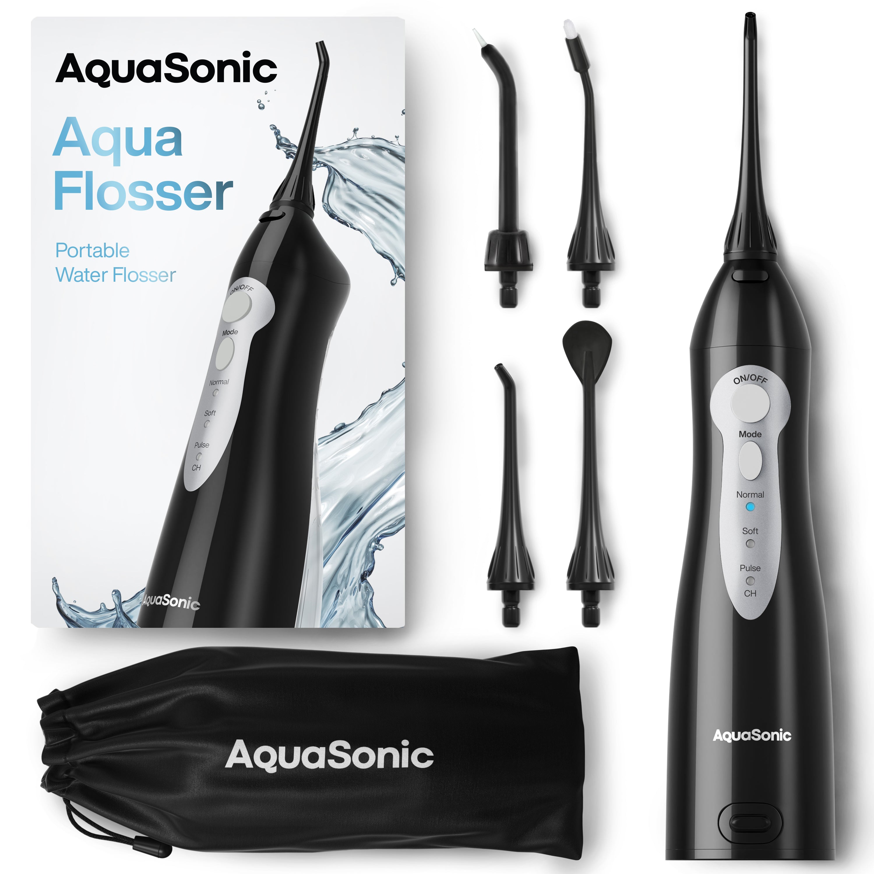AquaSonic Aqua Flosser Standard AS-FLOS-BK and its pictured accessories
